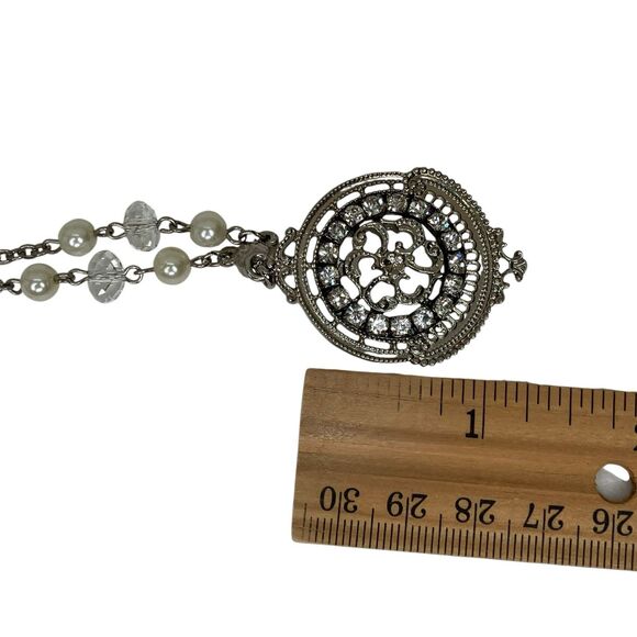 1928 Jewelry Medallion Pendant Necklace Pearls Silver Tone Victorian Revival - Picture 12 of 13